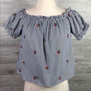 Summer Pin Stripe Womens Off Shoulder Crop Baby Doll Top Cherry Small Blue White